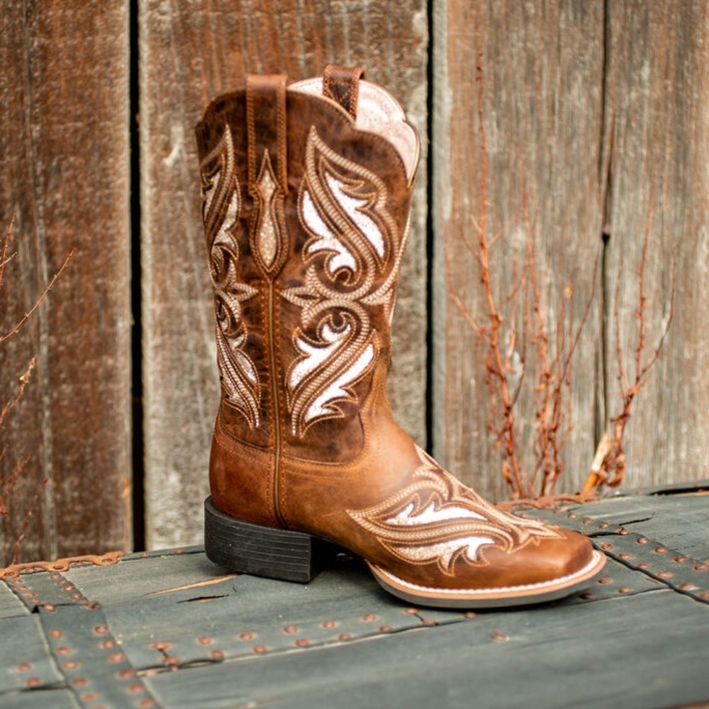 ARIAT WOMEN'S ROUND UP BLISS SASSY BROWN WITH GLITTER WIDE SQUARE COWBOY BOOT - Picture 3 of 10